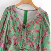 Vintage mujer verde delgado flor v cuello mini vestido primavera moda damas plisado es femenino elegante estampado corto 210515