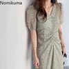 Nomikuma Robe Femmeピンクの花柄プリントドレス女性Vネック半袖到着夏のドレス韓国風のVestidos Mujer 210514