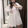 Vuwwyv Vestidos para Mulheres Branco Poplin Plissado Smock Mini Vestido Mulher Verão Casual Manga Longa Botões Frontons Vestidos 210430