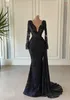 2021 Arabic Aso Ebi Black Luxurious Mermaid Evening Dresses Wear Deep V-neck Prom Dress Lace Crystal Beaded Formal Party Second Reception Gowns