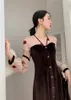 Organza Vintage Velvet Rose Embroidered Long Dress Women V Neck Brown A Line Korean Ladies Midi Clothing 210427