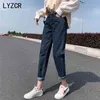 Lyzcr Vintage Harem Jeans女性緩い白いボーイフレンド女性デニム鉛筆パンツハイウエストママフィットフェムミ210809