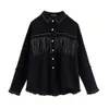 Vintage Snygg Fringe Beaded Loose Denim Jacket Coat Kvinnor Mode Långärmad Frayed Trim Ladies OuterWear Chaqueta Mujer 211014