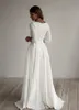 Abito da sposa semplice maniche lunghe una linea scollo a barca in crêpe eleganti abiti da sposa con tasche abito da sposa taglie forti