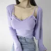 Womengagaピンクの韓国の婦人服Spring Purple Sexy Bodyプリーツレースタンク+フルスリーブTシャツ2ピース1bzs 210603