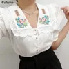 Vintage Blouses Dames Borduurwerk Peter Pan Collar Shirt Sweet Puff Sleeve White Blouse Blusas Mujer de Moda Verano 210519