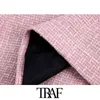 TRAF Women Fashion With Piping Patchwork Tweed Blazer Coat Vintage Long Sleeve Welt Pockets Female Outerwear Chic Veste 211122