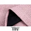 TRAF Mulheres Moda Com Patchwork Tweed Tweed Blazer Casaco Vintage Manga Longa Welt Bolsos Feminino Outerwear Chic Veste 211122