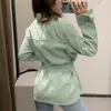 Women Fashion Green Jeans Jacket With Belt Loose Long Sleeve Denim Jackets Turn Down Collar Streetwear Pockets Coat 210515