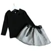Baby meisjes jurk pak collectie lente herfst kleding zwarte volledige lengte top + grijze mini rok Goede geschenk 3-7 jaar 210515