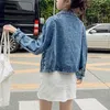 PERHAPS U Women's Short Cropped Denim Blue Jacket Button Long Sleeves Jean Notch Collar Pocket Rivet C0110 210529