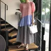 Kvinnor Sommar Casual Loose SpliceCd Ruffle O-Neck Puff Sleeve Pullover Plaid Ankellängd Straight Dress D3996 210514