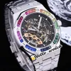 41mm 3A Asian 2813 Automatic Mens Watch Black Skeleton Tourbillon Rainbow Diamond Bezel Stainless Steel Bracelet Gents Watch Hello_Watch E207 (1)