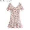 Estate Chic Dolce Stampa Floreale Sexy Scollo A V Manica A Sbuffo Increspato Mini Abito Cerniera Femminile Vestido Moda 210508