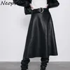 Neophil Vintage Women PU Faux Leather Midi Skirts Latex Jupe Longue Winter Fashion A-Line High Waist Black Belt Long Skirt S9730 210724