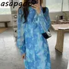 Chic Korean Loose Stand Collar Blue Tie-dye Ink-print Pleated Ruffled Chiffon Dress Women Long Elegant Fashion Vestidos Mujer 210429