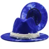 2021 Tie Dye Wool Felt Jazz Fedora HATS MEN MEN MEN FEMMES FEMMES CUIR PERL RIBON BLANC ROSE JAUNE PANAMA