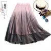 Falda larga de tul para mujer Color degradado Primavera Verano coreano elegante femenino línea a plisado escuela Midi 210514