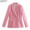 Zevity Women Vintage Green Pink Houndstooth Plaid Print Blazer Coat Office Ladies Double Breasted Outerwear Chic Slim Tops CT726 211122