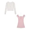 الدانتيل الوردي الفتاة اللباس الخصر المعانقة التخسيس اللباس الفرنسية الصيف 2021 جديد نمط مزاجه اللباس Y0603