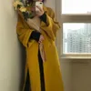 Women Wool Blends Womens Yellow Elegant Winter Overcoat Long Bandage Woolen Coat Cardigan Loose Plus Size Outwear With Pocket Turn Down