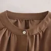 Kadın Standı Yaka Pileli Katı Gömlek Kadın Uzun Kollu Bluz Casual Lady Gevşek Blusas S8816 210430 Tops