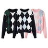 Sweet Girls Vintage Knitted Argyle Sweaters Early Autumn Fashion Ladies Pullovers Cute Women Chic Sweater Streetwear 210914