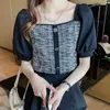 Shintimes Plaid Cienki rękaw puff krótki kobiety bluzka Lato topy Koreański Przycisk mody Vintage kwadratowe kołnierz Damskie koszule 210615
