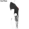 Skinny Dragon Print High Waist Bodysuits Kvinnor Drawstring Kortärmad Sheer Open Crotch Romper Sexig Body Mujer 210510