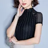 Мода Женщины футболка Дамы Топы Корейский Летний Коротким Рукав Топ для S PLUS Размер полосатый raffled Black 210510