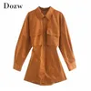 Retro Solid Shirt Dress Women Batwing Long Sleeve Mini es Back Hollow Out Stylish Chic Pocket A Line Vestidos 210515