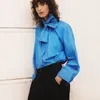 Kadın Yaz Katı Gevşek Bluzlar Gömlek Üstleri Uzun Kollu Papyon Şifon Vintage Kadın Zarif Üst ​​Tunik Giysi Blusas 210513