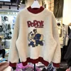 Fleece Pullover Sweatshirt Woman Cartoon Print O-neck Loose Tops Female Winter Warm Fake Two-piece Splice Clothes Women's Hoodies & Sweatshi