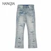 Hip Hop Distressed Streetwear Ripped Flared Jeans Biker Skräddarsydd broderad Tvättad Förstörda Hole Flare Denim Byxor för män 211108