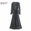 Zevity Women Vintage Cross V Neck Totem Flower Print Bow Sashes Lång Klänning Kvinna Långärmad Kimono Vestido Chic Dresses DS4472 210603