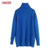 Tangada kvinnor vintage blå lös casual stickning turtleneck tröja kvinnlig chic high street pullover varumärke topps be75 211018