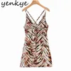 Vintage Animal Print Sexig Sling Klänning Kvinnor Backless V Nack A-Line Kort Sundress Kläder Kvinna Sommar Natt Ut Vestido 210430