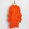 Avslappnad oregelbunden klänning kvinnor står krage lykta långärmad hög midja ruched klänningar kvinnlig kläder mode 210520