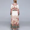 秋の滑走路デザイナーBoho Maxiのドレス女性のVネックシングルブレストフラワープリントランタンスリーブをタッセルベルト210514