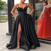 Casual Dresses Boutique Occasion Dresses V-hals Satin Aftonklänning med tunna axelremmar Sidoslits Prom Dress High midjeparty267d