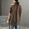Fje novo estilo verão camisa mais tamanho manga curta solta senhoras casuais tops listrado algodão linho vintage blusa feminina D4 210317
