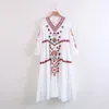 White Blue Navy Floral Flower Embroidery 3/4 Sleeve Loose Midi Dress D0635 210514