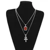 Mens Fashion Hip Hop Jewelry Gold Chain Rhinestone Red Ruby Cross Pendant Necklace Set2679