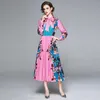 Automne Hiver Fashion Designer Bow Collier Maxi Dres À Manches Longues Fleur Imprimer Élégant Robes 210531