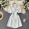 Kvinnor sommar mode kostym krage kortärmad retro dubbelbröst knapp-down mini klänning solid färg koreanska vestidos s772 210527