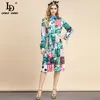 Lato projektant mody Vintage Midi Sukienka z długim rękawem Łuk pasek Elegancki Multicolor Floral Print Vacation 210522