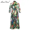 Fashion Designer Runway dress Spring Summer Women Dress Bow collar Cactus Floral-Print Elegant Chiffon Dresses 210524