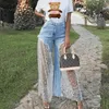 Kadın Kot Kadın Örgü Dikiş Flare Pantolon Geniş Bacak Kot Pantolon Patchwork Şeffaf Burr Çan Alt Streetwear Chic Oymak