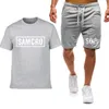 夏のソリッドカラーメンズ半袖ソンのアナーキー印刷高品質純綿メンズTシャツ+ショーツ2ピースセットx0610