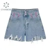 Ripped Jean ou Denim Pantalons Femmes Cross Spliced Design Zipper Taille Haute Rétro Sweet E-Girl Rok Streetwear Shorts Lady 210515